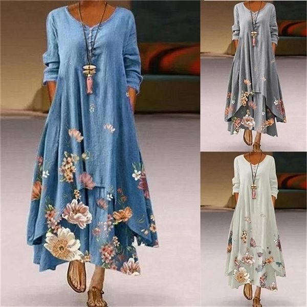 Été imprimé fleuri longues robes femmes O cou boutons ourlet irrégulier Maxi lâche décontracté plage Vestidos grande taille 220613