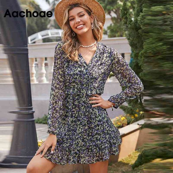 Estampa floral verão mini manga transparente plissada decote em V vestido de praia babados vestido de verão Vestidos Mujer 210413