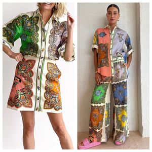 Robe décontractée à imprimé floral Femme Vêtements de créateurs Streetwear deux pièces Set Robes de chemise de chemise en lin de style de style imprimé rétro