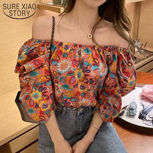 Zomer Floral Sunflower Print Shirt Casual Puff Sheeve Slash Neck Blouse Dames Retro Sexy Two-Wear Off-Shoulder Tops 13315 210415