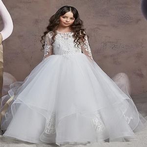 Robes de fille de fleur d'été pour les mariages robe de bal princesse du plancher longueur de sol blanc appliques en tulle robes de fête à manches longues pagea247s