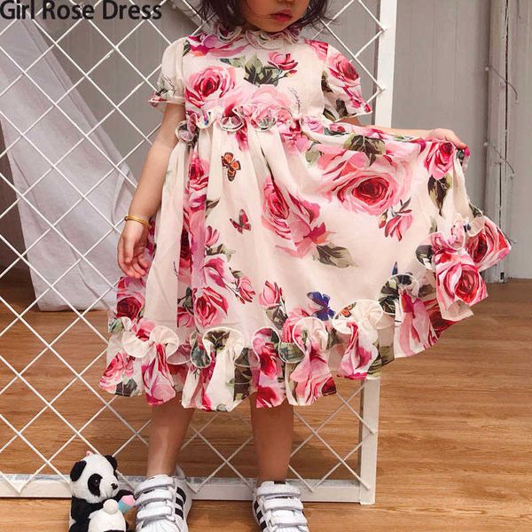 Été Fleur Fille Tutu Rose Soie 3D Robe Enfants Princesse Rayonne Robe Fête De Mariage Anniversaire Bébé Fille Robe Imprimée Pour Enfant Q0716