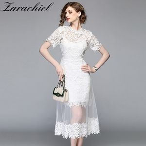 Été Fleur Blanc Dentelle Patchwork Maille Évider Longues Femmes Tulle Gauz Plus Taille Robe Robes 210416