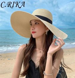 Été pliable Big Brim Paille Femmes Wide Brim Beach CHAPE DE PLACE SIMPLE SORN CHAPE SORN SORN UV50 PANAMA SUN CAP 2205139800209