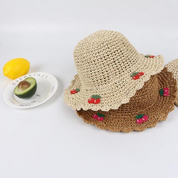 Chapeaux de paille pliables d'été pour enfants Retro Cherry Lace Hat Brim Maline à la main pour les dames extérieures Cap Soleil Place large Delm22