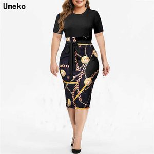 Zomer formele plus size s-5xl ketting print bodycon jurk vrouwen kleding korte mouw o nek slanke boog gorded midi jurken dames y1006