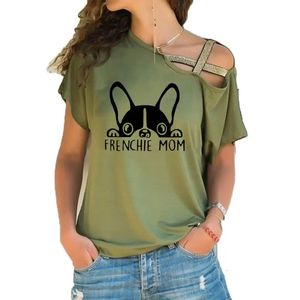 Zomer Frenchie Moeder Mode Franse Bulldog Print T-shirt Vrouwen Korte Mouw T-shirt Onregelmatige Skew Cross Bandage Tee Tops 240329