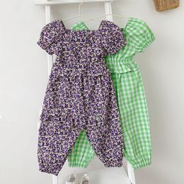 Zomer meisje kleding pak plaid bloemen u-hals top + broek kinderen 3-8Y 210515