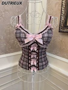Zomermeisje JK Plaid Bow Cross Lace Up Crop Tops Slanke Amerikaanse stijl Sweet Camisole Outer Wear Tank Tops For Women 240601