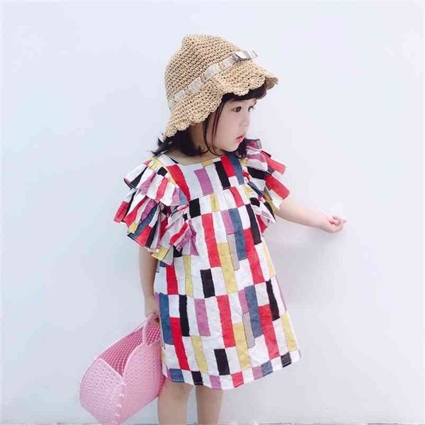 Vestido de verano para niña, bloque colorido, manga voladora, ropa de estilo coreano americano, ropa de moda para niñas 210625