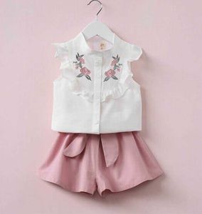 Zomer meisje sets baby bloem geborduurd shirt + boog shorts 2 stks outfits pak kleding 2-6Y LT025 210610