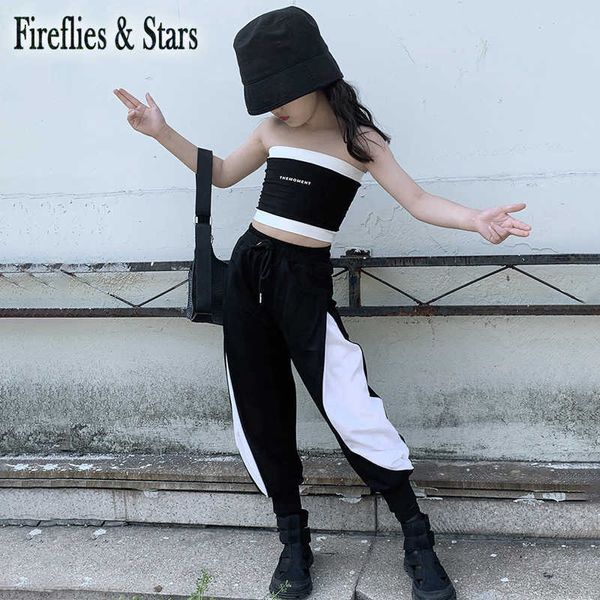 Summer Girls 2 pcs Set Baby Crop Tank + Pantalons Enfants Costumes Enfants Streetwear Low Cut Hip Hop Blanc Noir Géométrique 3 à 12 ans X0902