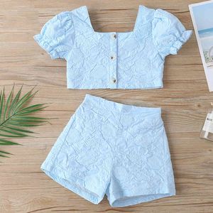 Zomer meisjes kleding set effen kleur print korte mouw vierkante kraag top + shorts 2 stks peuter schattige kinderen 210515