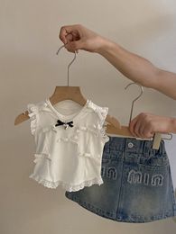 Summer Girls Clothes Ensembles Kids Bows Applique Ruffle Fly Sleeve Tops Letter Patch broderie Jupe denim Childre