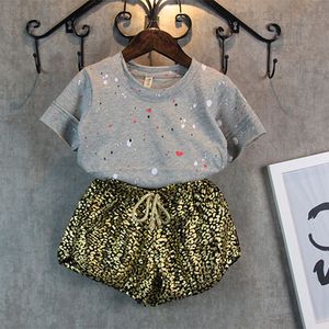 Summer Girls Vêtements costume Style de mode Points de peinture Tops + Leopard Grain Shorts 2PCS Enfants Vêtements Ensemble Kids 210515