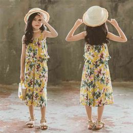 Zomer Meisjes Kleding Set Mouwloze Bloemenprint Tops en Wijde Pijpen Broek Koreaanse Kinderen Bretels Outfit Tiener Kleding 210622