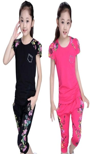 Summer Girls Clothing Sets Children Sports Traje de algodón estampado de manga corta Tshirtpants 2pcs Girl Ropa 4 6 8 10 12 14 años 2102169502
