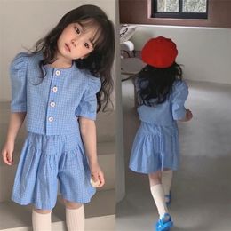 Summer Girls-kledingsets Temperament Plaid korte mouwen shirt Top vijfpunts culottes 2 stks baby kinderen kinderen kledingpak 220509