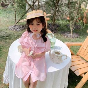 Summer Girls 'Jurk Mode Shirt Stijl Simple Solid Color Puff Sleeve Button Bow Stitching Baby Kids Kinderkleding 210625