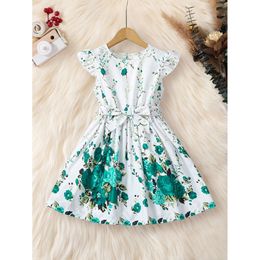 Summer Girls Habille Green Flower Belt Lotus Sleeves Fashion Cheap Enfant's Vêtements 4-7Y L2405