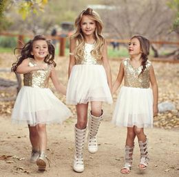 Zomer meisjes jurk pailletten gouden backless boog jurk baby kinderen kleding prinses trouwjurken kinderen jurk