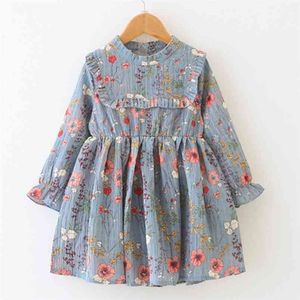 Vestidos de niñas de verano Ropa para niños Medio cuello alto con volantes Manga larga Gasa suelta floral 210528