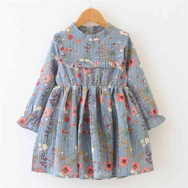 Vestidos de niñas de verano Ropa para niños Medio cuello alto con volantes Manga larga Gasa suelta floral 210528