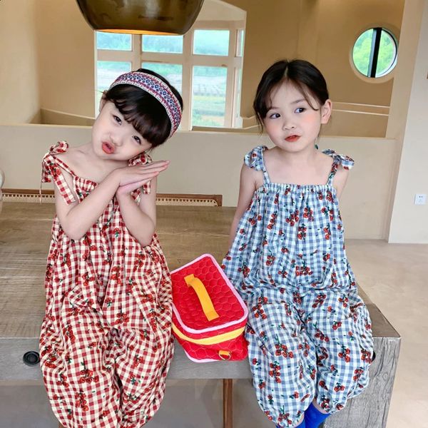 Summer Girls Flower Plaid Lace Tirantes Mono Primavera Bebé Niños Pantalones Body Casual Mamelucos Ropa para niños 240305