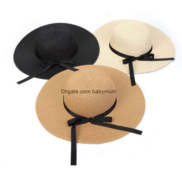 Chapeaux d'été tressés en herbe pour filles, casquette de plage avec ruban à nœud pour enfants, chapeaux de soleil ajourés pour femmes et filles, chapeau de paille à la mode pour bébé