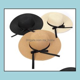 Zomer meisjes gras vlecht hoeden kinderen boog lint strand cap kinderen uitgeholde sunhats baby mode st hat bogen A9296 drop levering 2021 dop