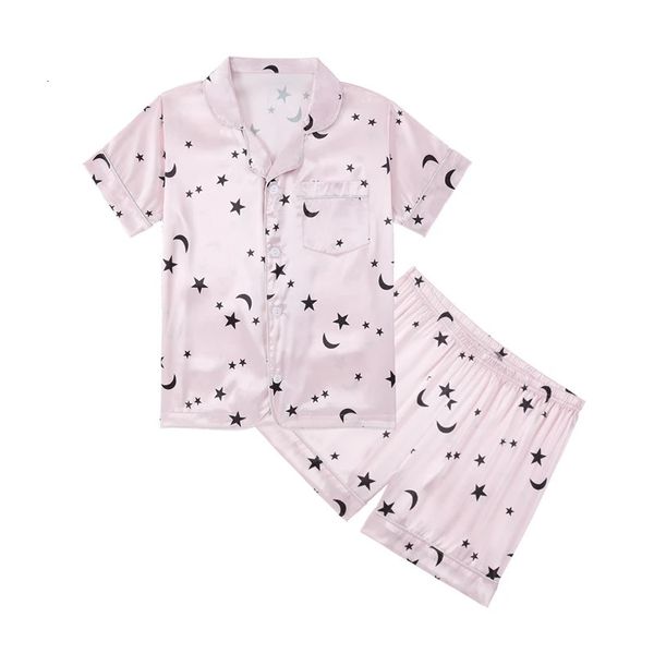 Pyjama des filles d'été ensemble Sweet Abel Mock Silk Star Imprime-toi de sommeil Teen Teen Breathable Cool Pyjamas Nightwear 8-14y 240407
