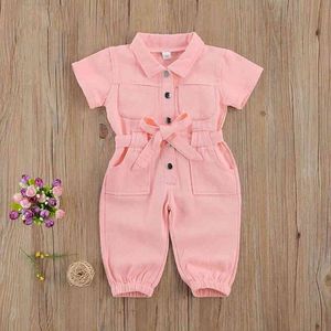 Zomer Meisjes Roze Korte Mouw Denim Jumpsuit Riem Siamese Broek Mode Leggings Broek Revers Kids Kinderkleding 210515