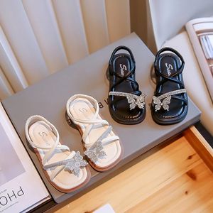 Zomer Meisjes Sandalen Strass Vierkante Teen Clip-teen Luxe Kinder Sliders Zwart Beige Zacht Pu Leer Chique Kinderschoenen 23-36 240321