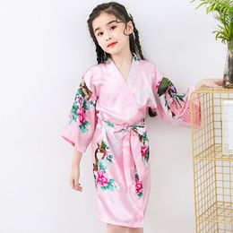 Robe d'été en soie pour filles, pyjama pour enfants, couleur unie, doux, peignoir en Satin, pour adolescents