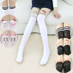 Medias finas de verano para niñas, pantimedias hasta la rodilla, tatuaje falso, medias de terciopelo, gatito de dibujos animados blanco, gato 3 10Y