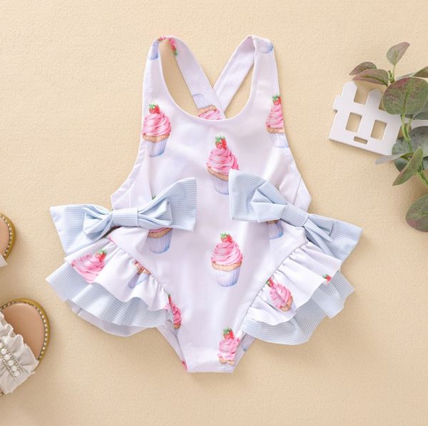 Summer Girsl gâteau nager une pièce maillots de bain Enfants Imprimer bowknot Flouncing Cross Back Double Bow Maillot de bain Dos nu maillot de bain S1252