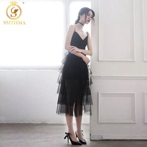 Zomer glamoureuze zwart mesh ruche jurk elegante v-hals mouwloze baan feestjurken vestidos 210520