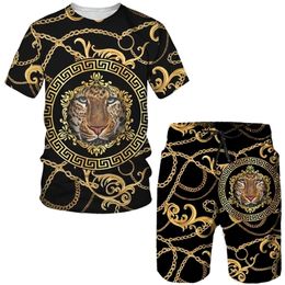 Zomer Gouden Leeuw 3D Gedrukt T-stukken/Shorts/Pak Heren Casual Grafisch T-shirt Tweedelige Set Hip Hop mode Korte Mouw Trainingspak 220801