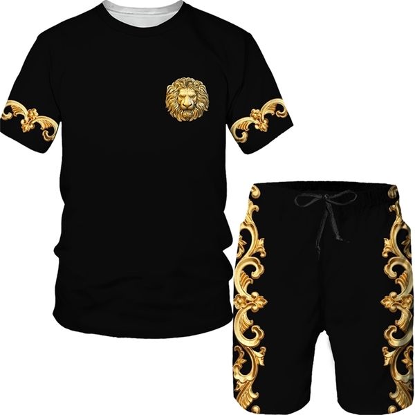 Verano Patrón dorado Cabeza de león Impreso Hombres Camiseta Pantalones cortos Traje Gráfico O cuello Camiseta y pantalones cortos Manga corta Hombres s Chándal 220613