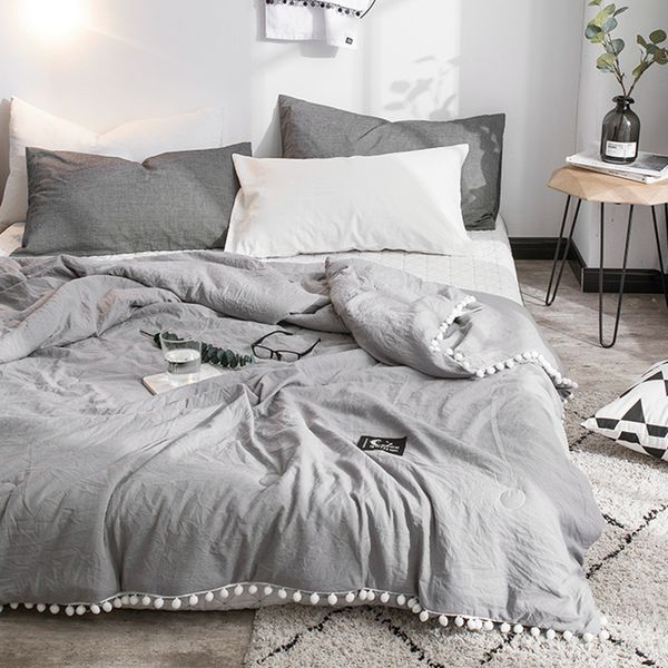 Summer Grey Air Condition Quilts couette avec petit linge de lit blanc Pompons Couvertures en coton lavé Literie solide #s LJ200821