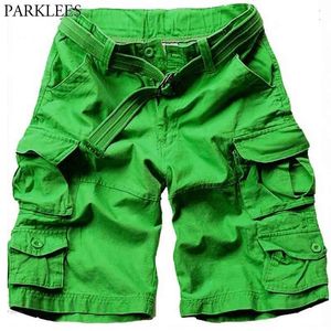 Été vert Cargo Shorts hommes marque 100% coton multi-poches Streetwear Cargo pantalon hommes lâche confort court Homme 3XL 210522