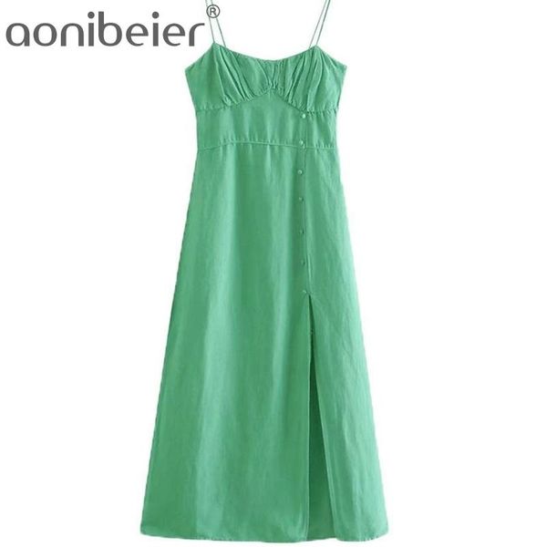 Verano verde de cintura alta mujer vestido largo largo lazo en la espalda botones divididos correa de espagueti mujeres tobillo longitud 210604