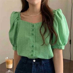 Summer Green Plaid Chic Collian Square décontracté Collier géométrique haute taille streetwear féminin Vintage Ol Blouses 210525