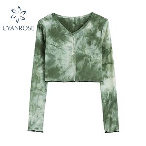 Summer Green Tie Dye à manches longues Crop Tops Mode Coton côtelé Casual Basic O-Cou Cardigan Tee Shirt Femme 210515