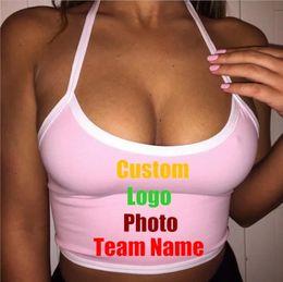 Halter d'été Backless Sexy Night Club Femmes Caims Tanks Crop Tops Custom PO Text Imprimé STRAP FEMMES T-shirts Tees 240407