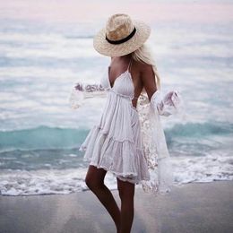 Robe boho licou d'été Vergoodr Women Lace Up Up Backless Beach Sundren Robe de bal sexy Hippie Bohemian Tube Robes Robe 240424