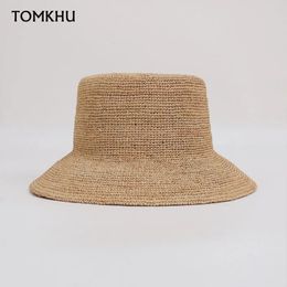 Été fait à la main Raffiah Paille largeur Bodet Bucket Fomes Fashion Casual Sun Hat Foldable Top Top Vacation Beach 240403