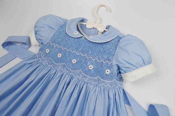 Sommer handgemachte gesmokte Kleider für Mädchen Vintage Prinzessin Kleid 2021 Kinder Mädchen einfarbig Kittel Vestido Kleidung Party Geburtstag G1218