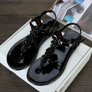 Été Travail Manuel Fleur Femmes Gelée Sandales 2022 Nouveau Clip Toe Tongs Chaussures Femme Plat Casual Plage Vacances Antidérapant Pantoufles L230518