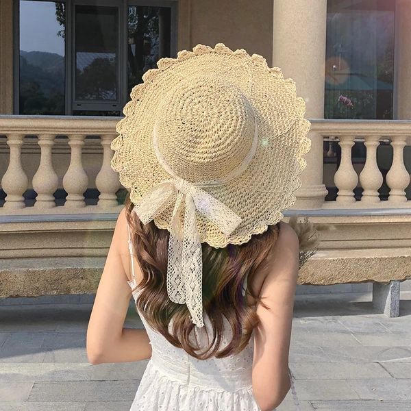 Chapeau d'été femmes soleil pliable creux dentelle garniture paille filles voyage en plein air large bord décontracté seau chapeaux plage 240219